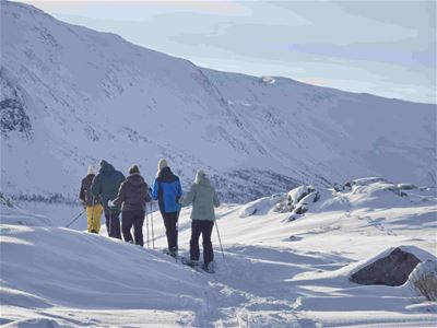 Group of guests walking on snowshoes