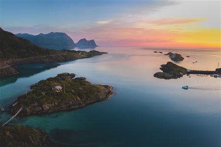 View of the sunset, sea, mountains and islands