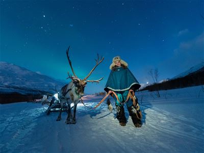 En gjest som holder et reinsdyr i bånd med nordlys over