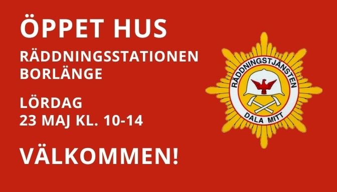 Röd affisch med text om öppet hus på räddningsstationen Borlänge och en räddningstjänst-emblem till höger..