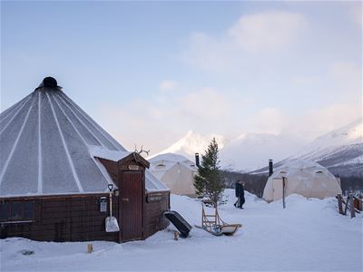 A lavvu and several tents in the snow in an Arctic setting