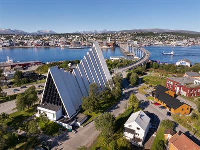 Panoramic view of the Arctic Cathedral with Tromsøya in the background