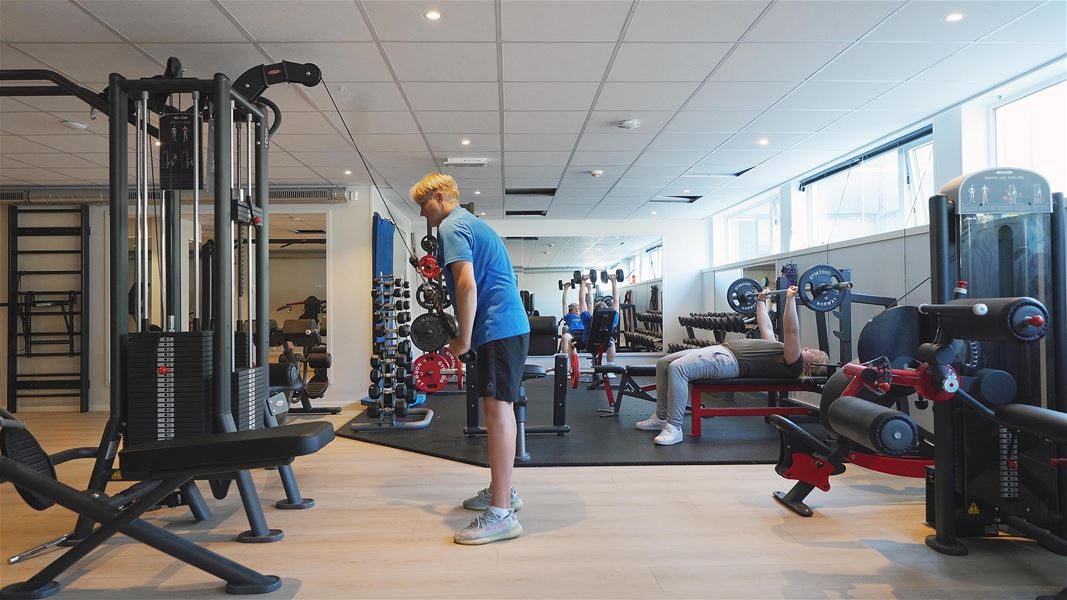 Lyst treningsstudio med apparat og frivekter; ein person står ved kabelmaskin, ein annan benkpressar ved vindauga..