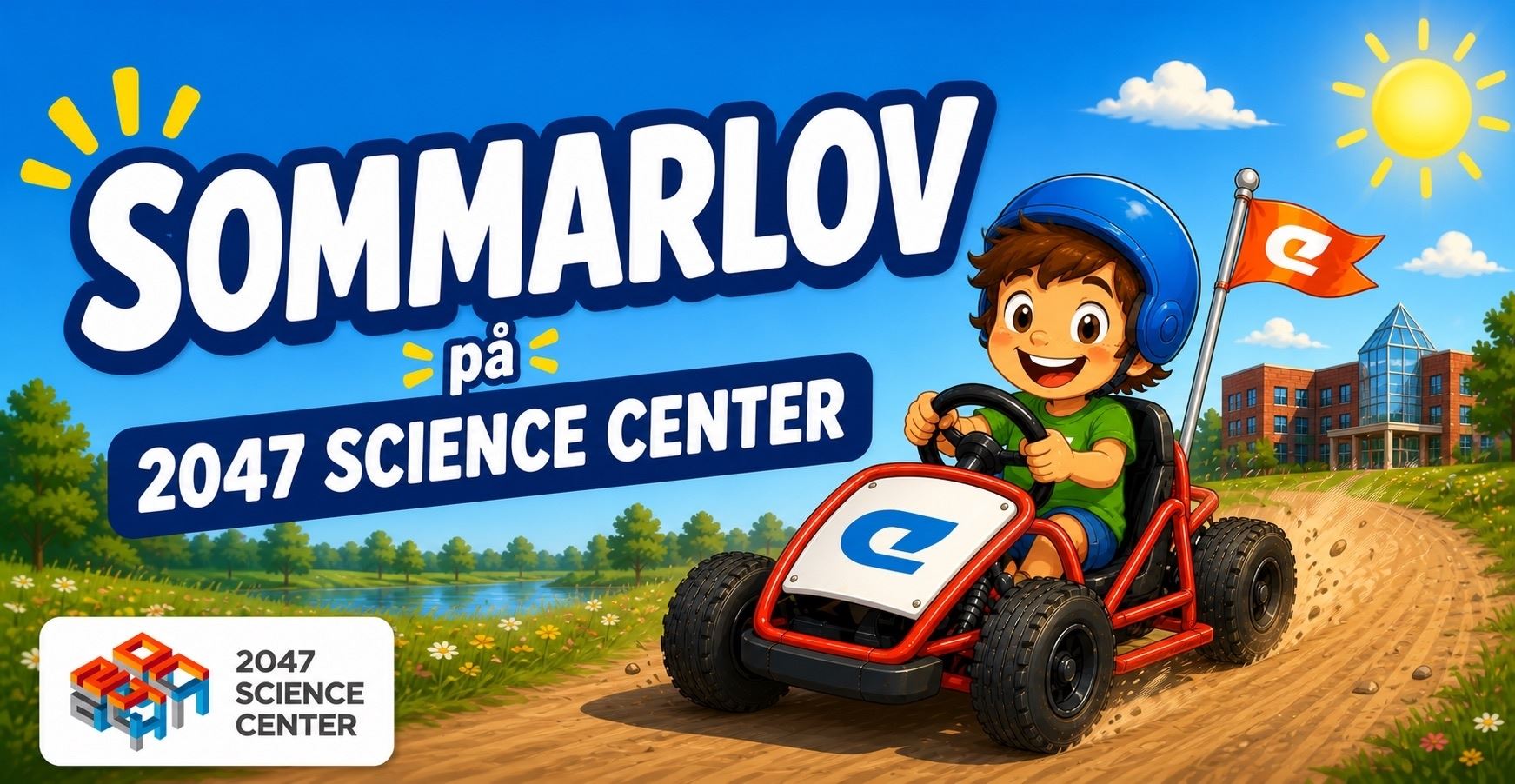 Illustrerad affisch med texten ”SOMMARLOV på 2047 SCIENCE CENTER” och ett barn i gokart på grusväg..
