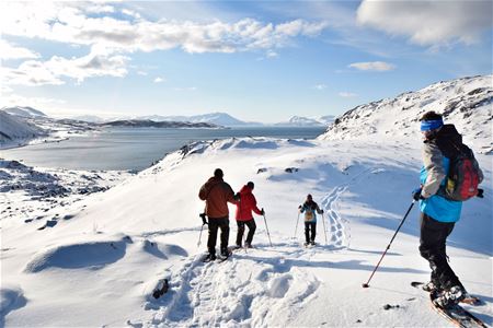 Flere gjester som går med truger i et vinterlandskap