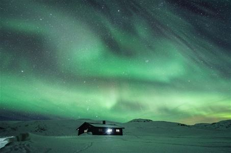 Nordlys over en bygning i et vinterlandskap