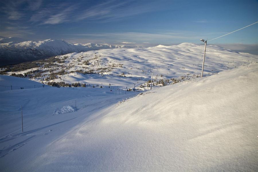 Wide view of snow-covered mountains and rolling hills under a clear blue sky, with utility poles on a slope..