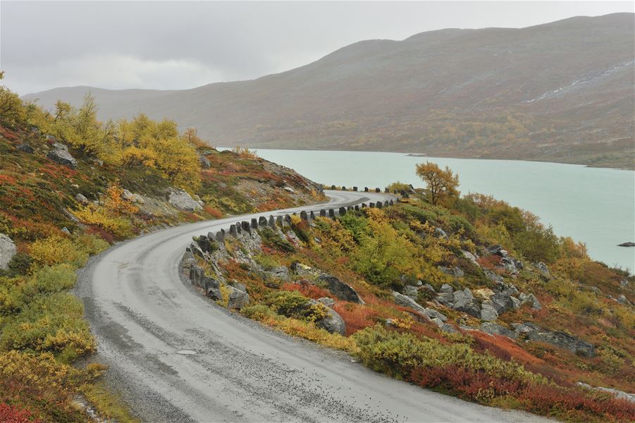 A curved mountain road lined with stone posts winds above a turquoise lake, surrounded by colorful autumn shrubs..