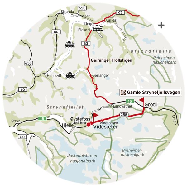 Illustrated map of western Norway showing a red route linking Geiranger, Trollstigen, Grotli, and Videseter..