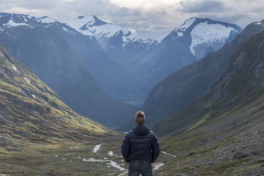 A person in a puffy jacket stands on a hillside, looking into a deep valley with snowy mountains under clouds..