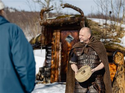Viking-inspired helmet and interior details inside the hand-built Viking village near Tromsø.