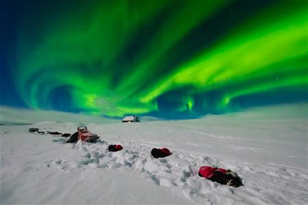 Grønt nordlys over et åpent, snødekt vinterlandskap med hundespann og utstyr fra en hundesledeekspedisjon i Nord-Norge.