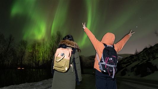 Guests look for the Northern Lights on a tour with Hello Tromsø outside Tromsø.