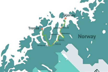 Map of the Arctic Route bus journey between Tromsø and Skjervøy, showing stops along the route in Northern Norway.