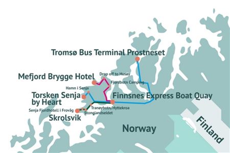 Kart over Arctic Route mellom Tromsø og Senja, med stoppesteder langs bussruten.