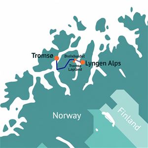 art over Arctic Route mellom Tromsø og Lyngen, med ruten via Breivikeidet og Tromsø Lapland.