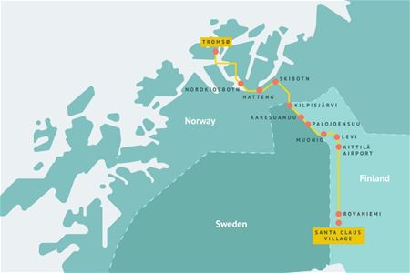 Map of the Arctic Route bus journey between Tromsø and Rovaniemi, showing stops along the route in Norway and Finland.