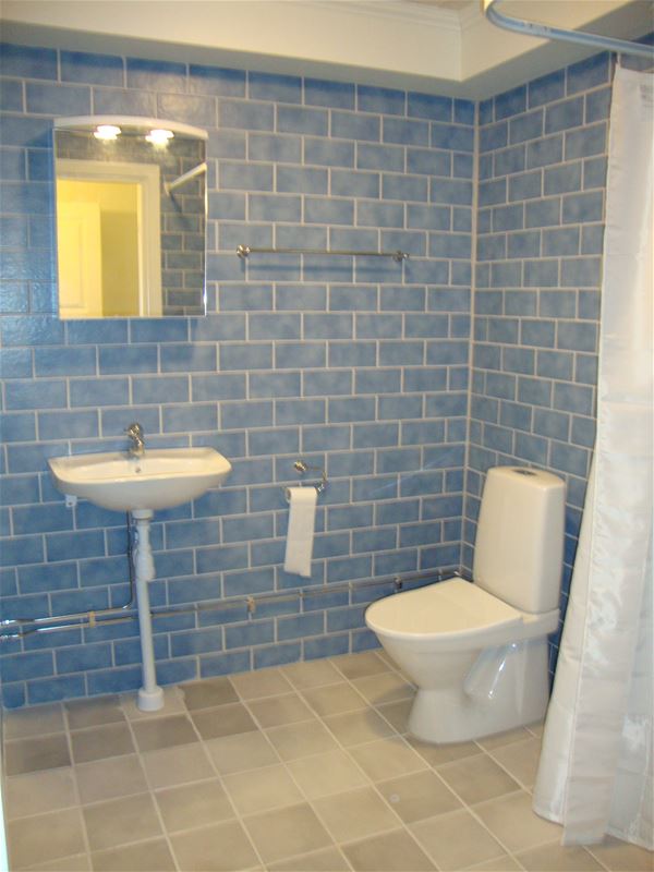 Blue tiled bathroom with basin and toilet. 