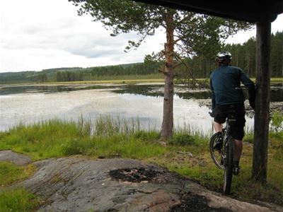 Cyclist by a lake.