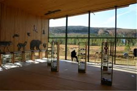 The exhibition hall with panoramic windows facing the mountain.