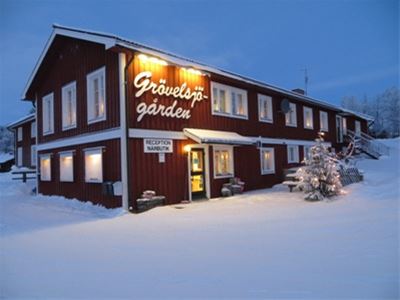 Grövelsjögården huvudbyggnad i vintermiljö.