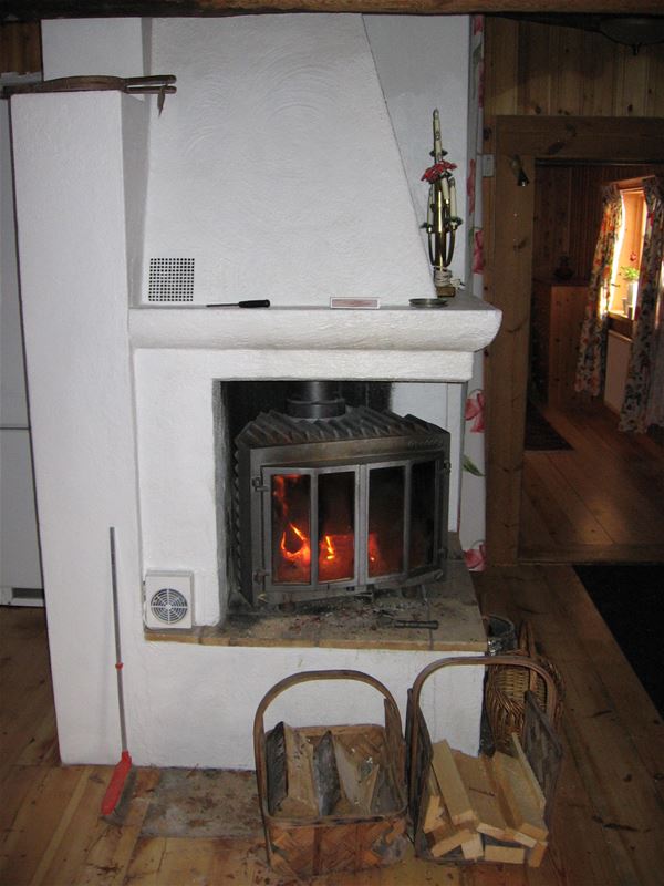 A fireplace.