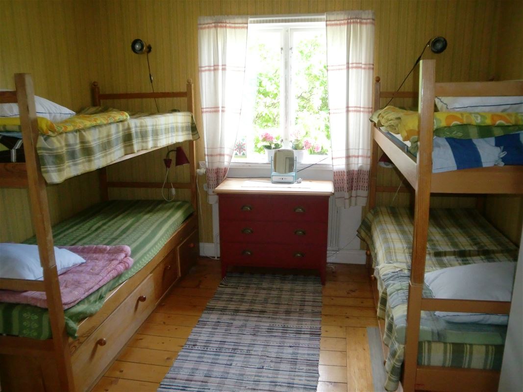 Bedroom with a bunk bed on each side of the window. 