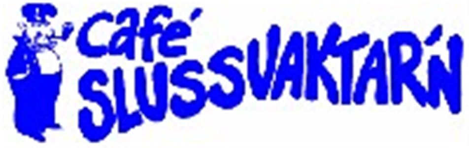 Logotype, vit botten blå text café Slussvaktarn.