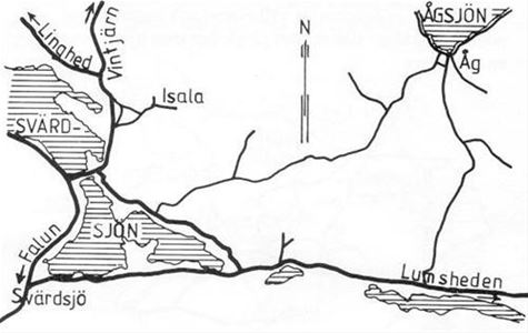 A map in black and white showing where Ågs Bruk is situated.