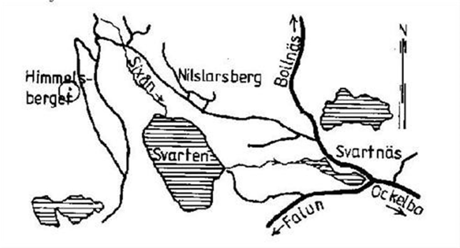 Ritad svartvit karta som visar var Himmelsberget ligger.