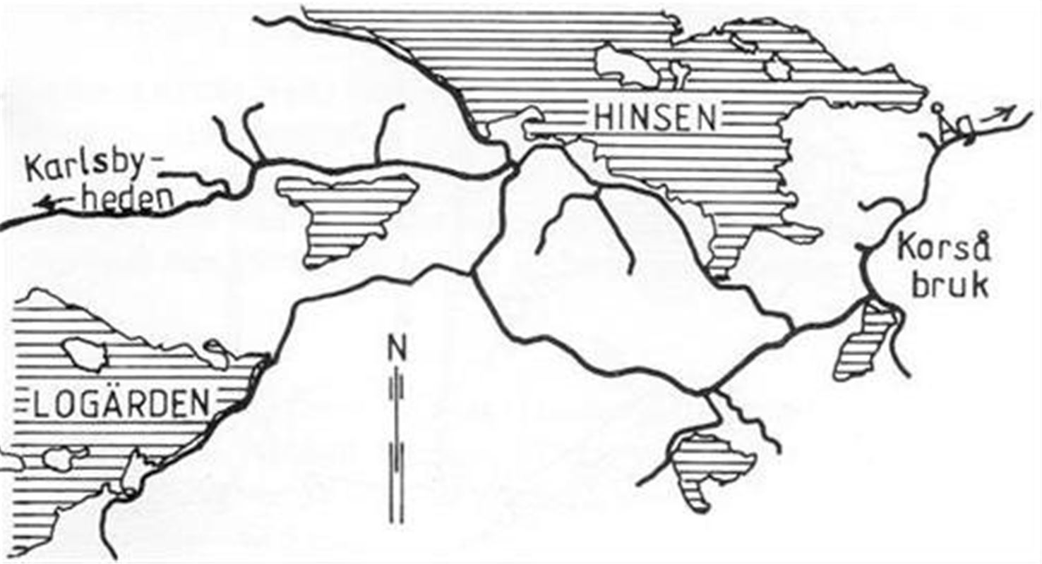 Drawn map showing where Korså bruk is located