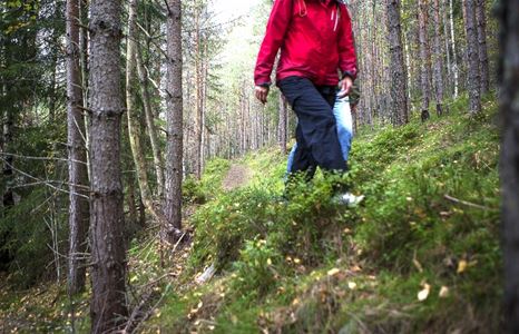 Vandrare i mörka byxor och röd jacka.
