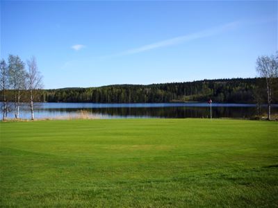 En golfgreen, sjö i bakgrunden.