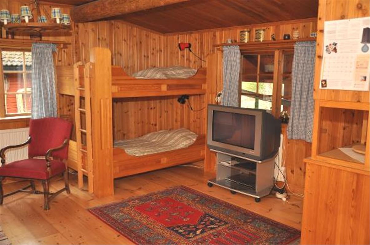 Room with a bunk bed and a television.