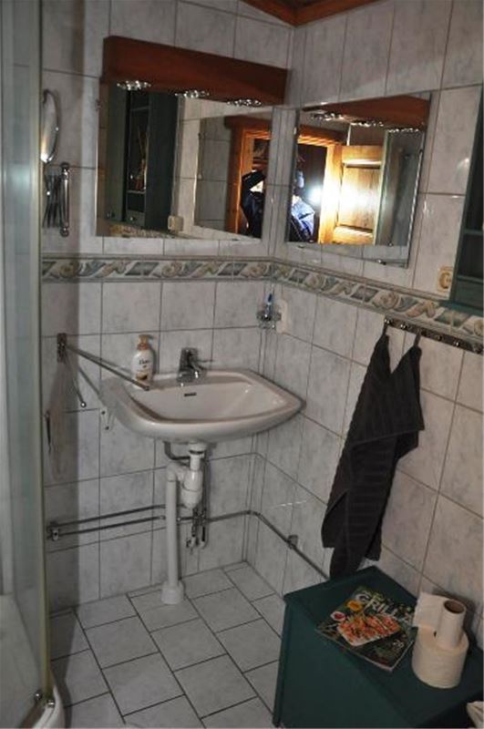 Helkaklad toalett med en duschkabin.