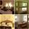 Collage från rummen. Fåtöljer, våningssäng med snickarglädje, dubbelsäng i omgjord träsoffa, matbord med bänkar.