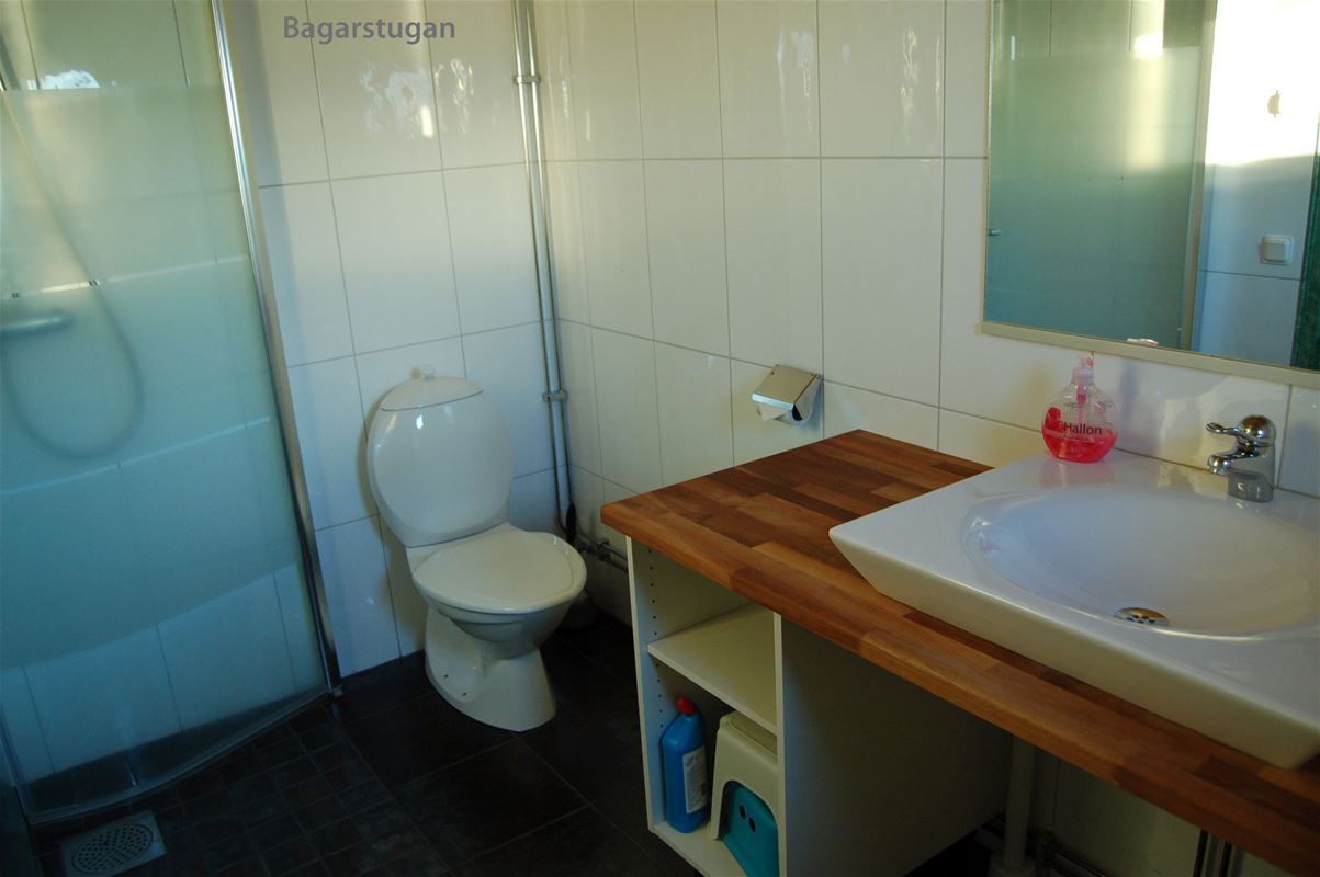 Kaklat badrum med duschväggar, toalett och inbyggt handfat.