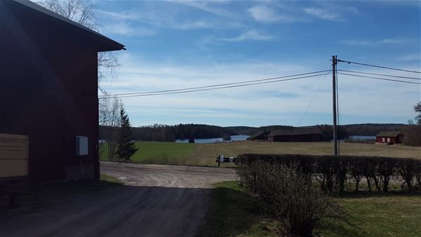 Utsikt från gården ner över åkrarna mot sjön Nävden. 