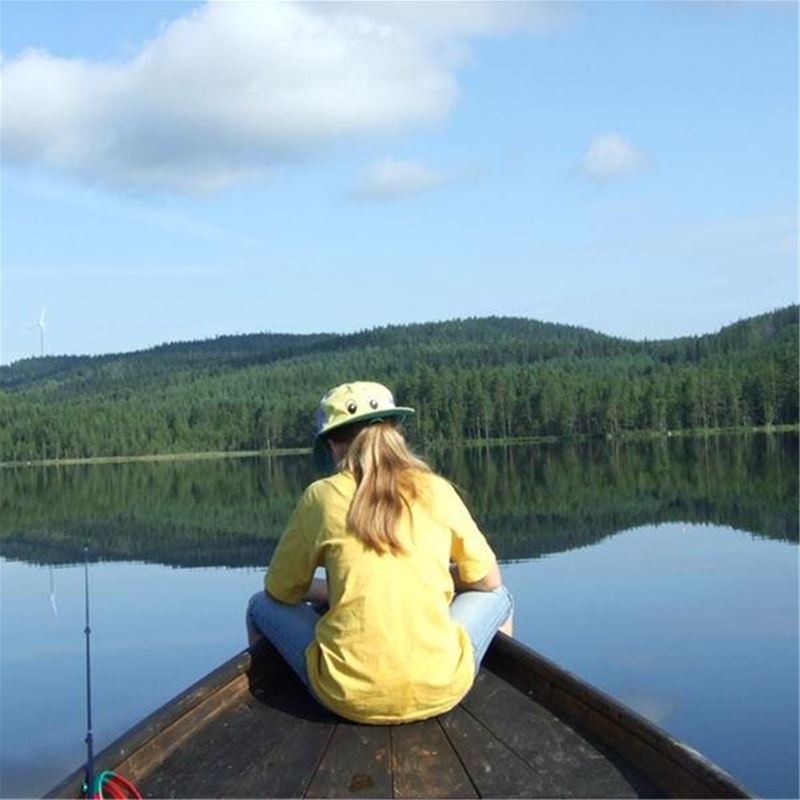 En person som sitter på en eka och har utsikt över sjö och skog.