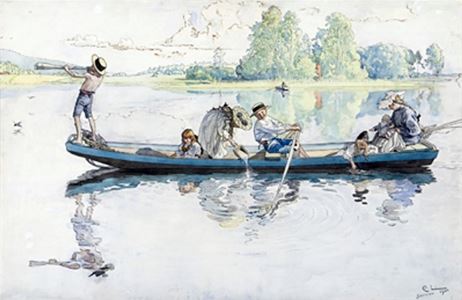 Painting by Carl Larsson depicting children and adults in a boat on a lake.