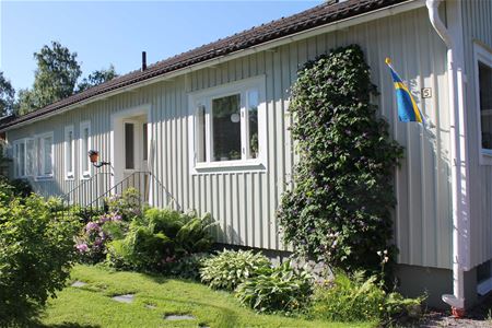 Exterior image from the frontside of the house with flowers close to the house.