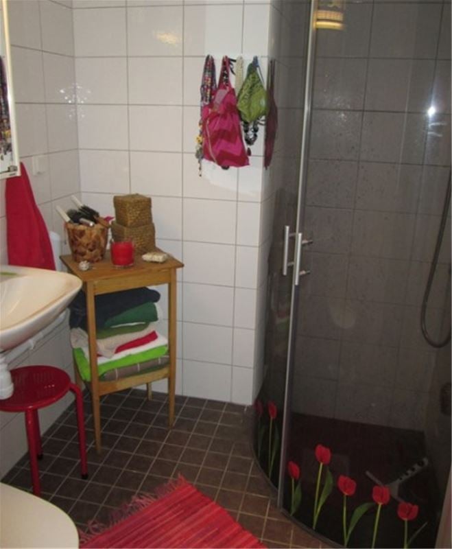 The bathroom with a shower.