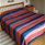 Colorful bedspread on a double bed.