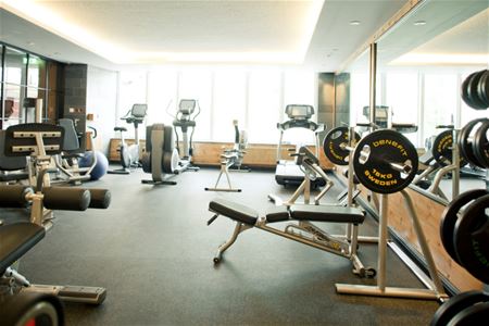 The gym with various exercise equipment.