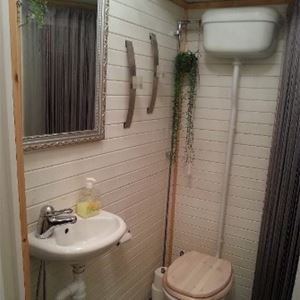 Toalett och handfat med en spegel i silverram ovanför på en vitmålad vägg av liggande panel. 