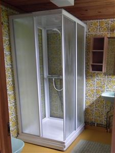 Shower cabin in a bathroom with yellow flowers on the walls. 