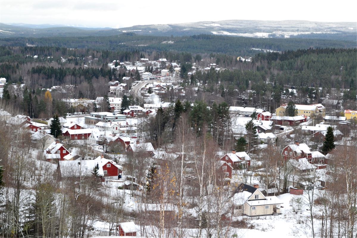 Vy över Bjursås by i vinterskrud.