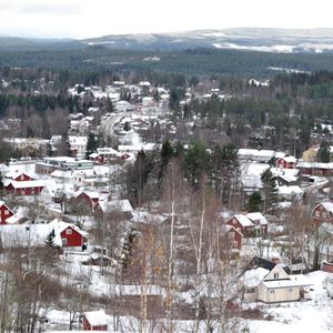 Vy över Bjursås by i vinterskrud.