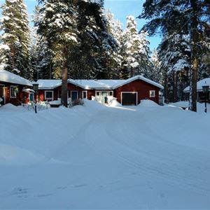 Several timber cottages on a winter day.