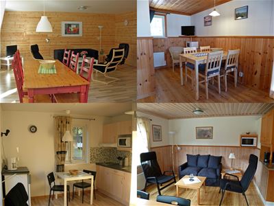 Four pictures in one over dining areas in some of the cottages.